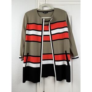 Misook 3Pc Knit Pant Suit Orange Stripe Jacket Tank Pants Career L